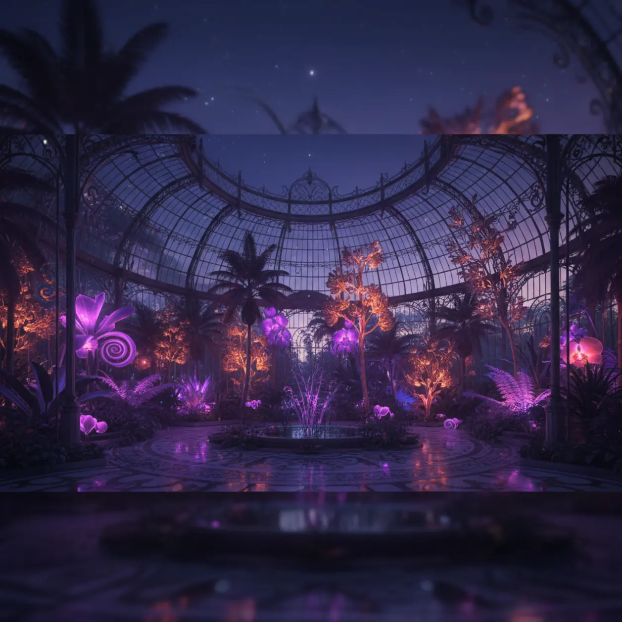 The Nocturne Conservatory illuminated under a twilight sky